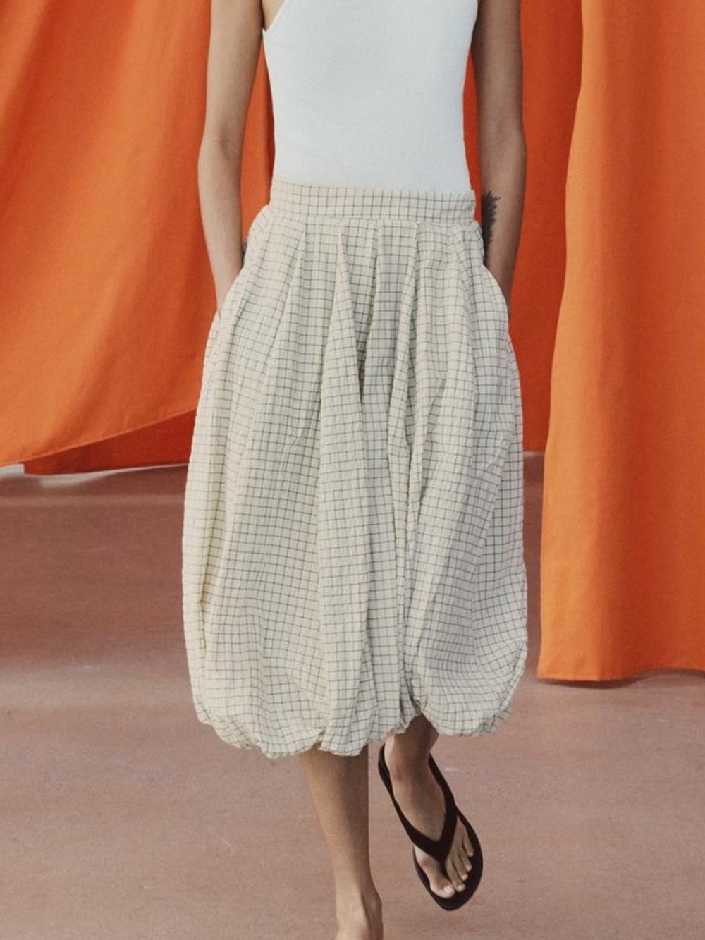 Zara Cream Balloon-Style Checked Midi Skirt